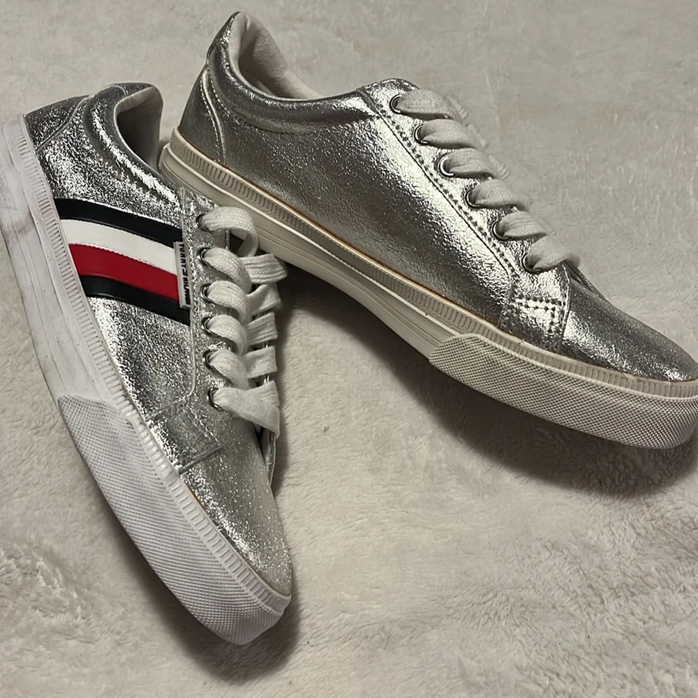 Tommy Hilfiger Silver Metallic Sneakers with Red, White & Navy Stripe